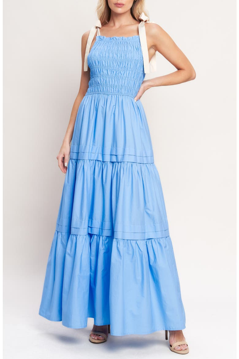 Smocked Bodice Tiered Maxi Dress, Main, color, BLUE