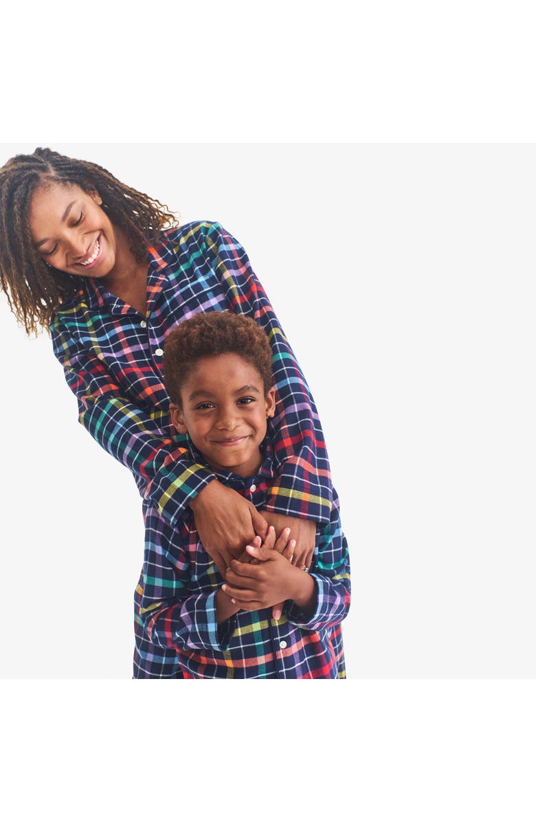 Primary Adult Flannel Holiday Pj Top, Alternate, color, Navy Rainbow Plaid