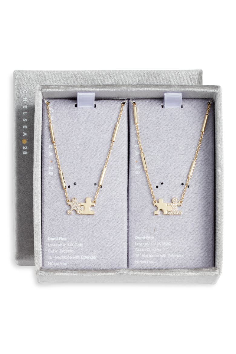 Gift Boxed Set of 2 Demi Fine Mommy & Me Crystal Puzzle Pendant Necklaces, Main, color, CLEAR- GOLD