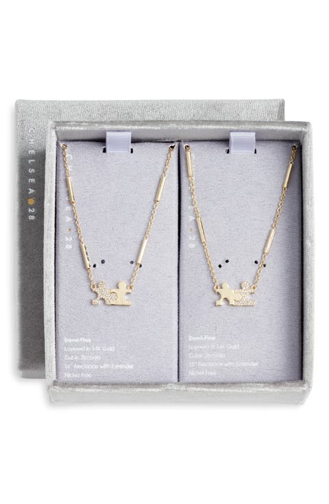 Set of 2 Demi Fine Mommy & Me Crystal Puzzle Pendant Necklaces
