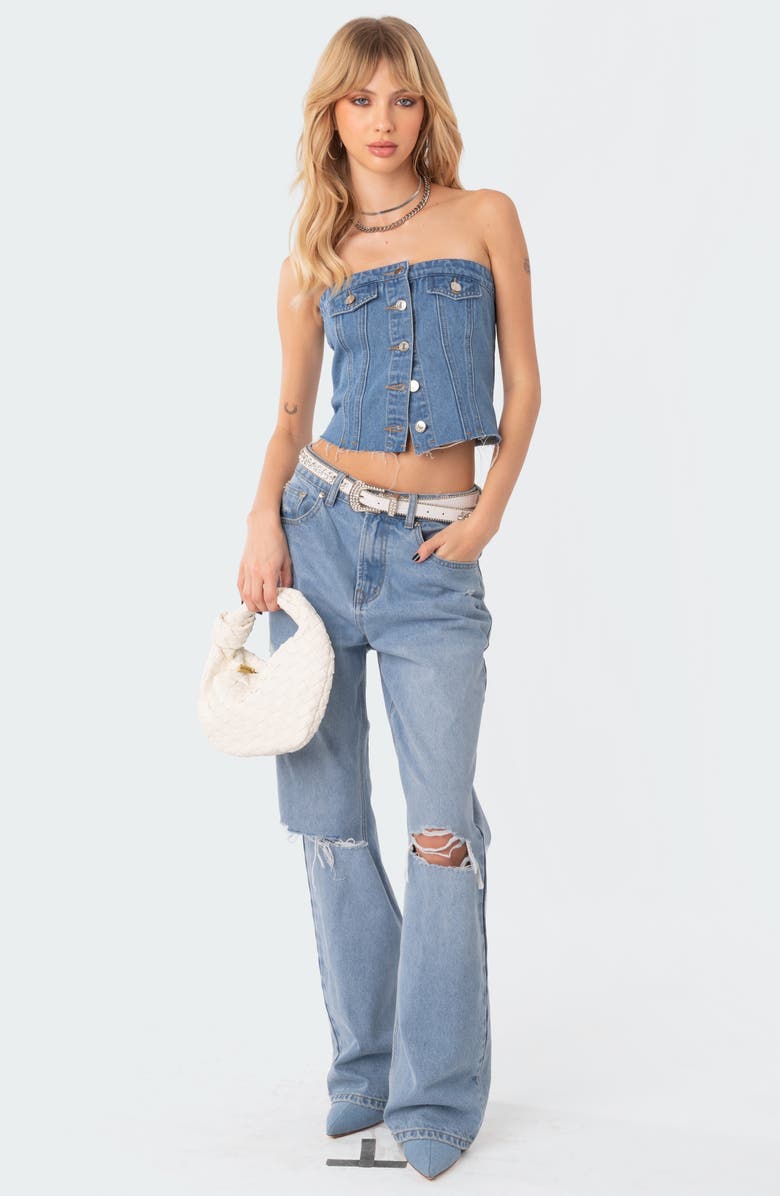 EDIKTED River Strapless Denim Crop Top, Alternate, color, 