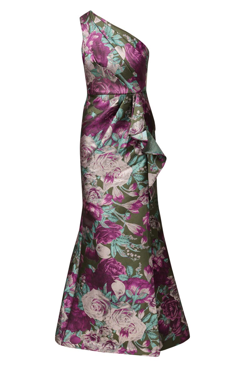 One-Shoulder Floral Jacquard Gown, Alternate, color, GREEN MULTI