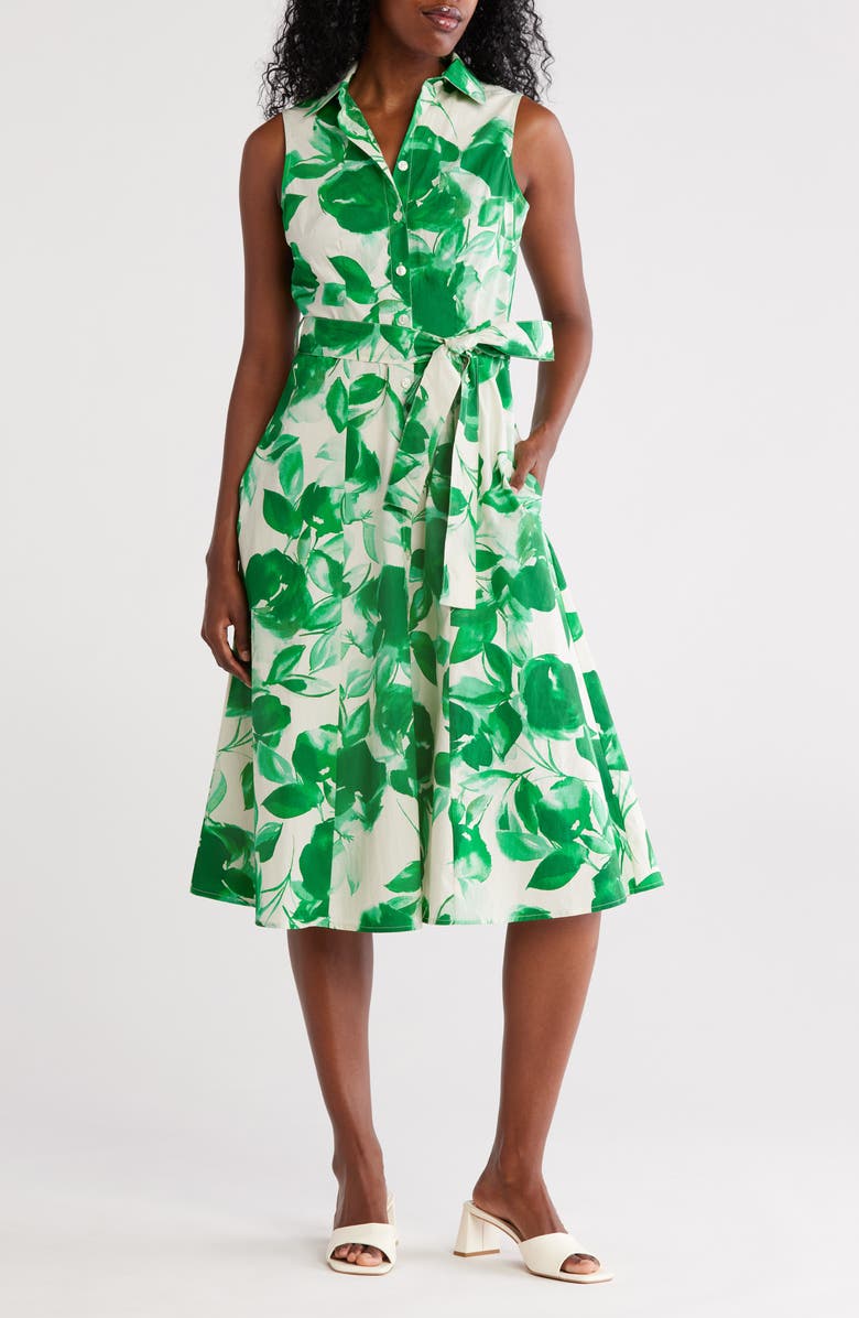 Calvin Klein Floral Sleeveless Cotton Shirtdress, Main, color, 