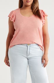 Wit & Wisdom Eyelet Flutter Sleeve V-Neck T-Shirt