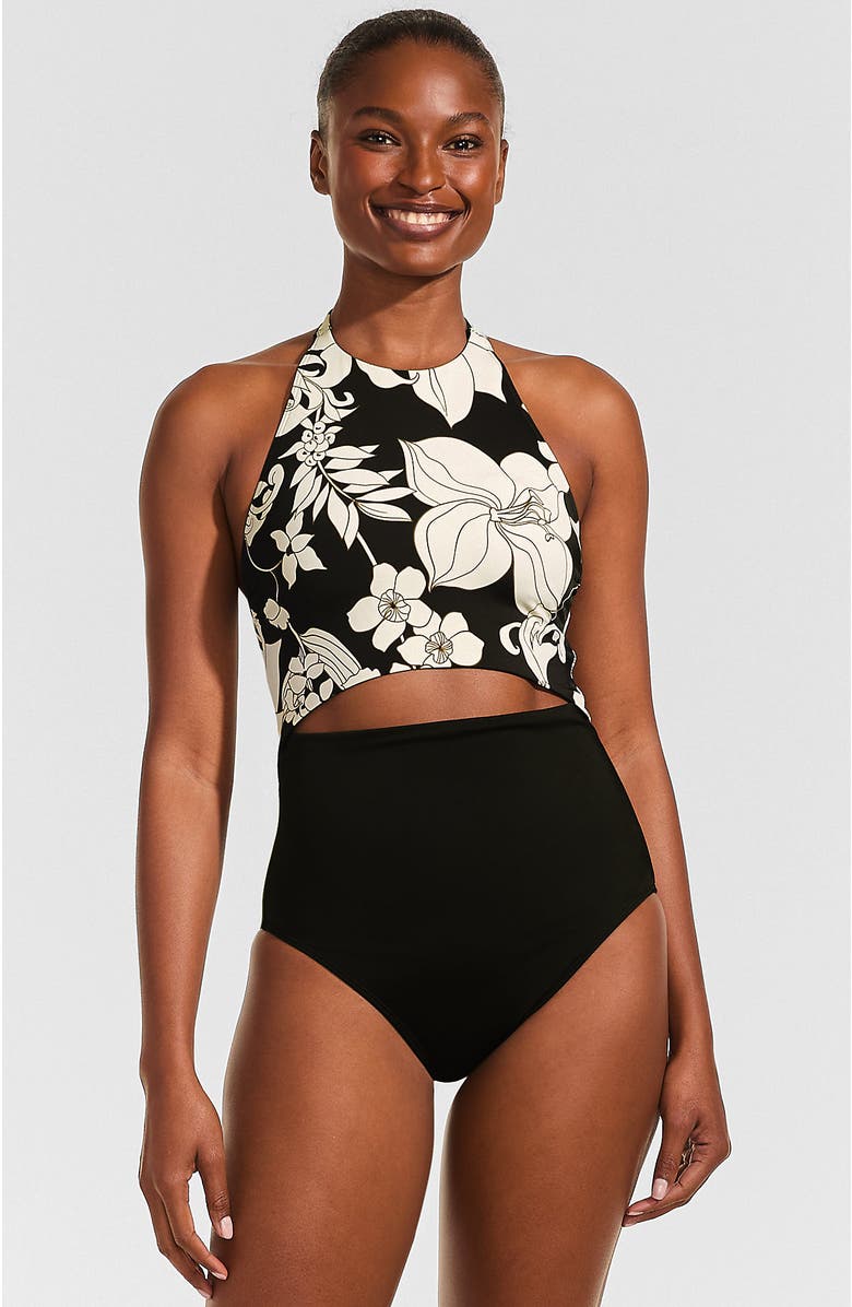 Lands' End Tugless Halter Monokini High Leg One Piece Swimsuit, Main, color, Black/Egret Lilies