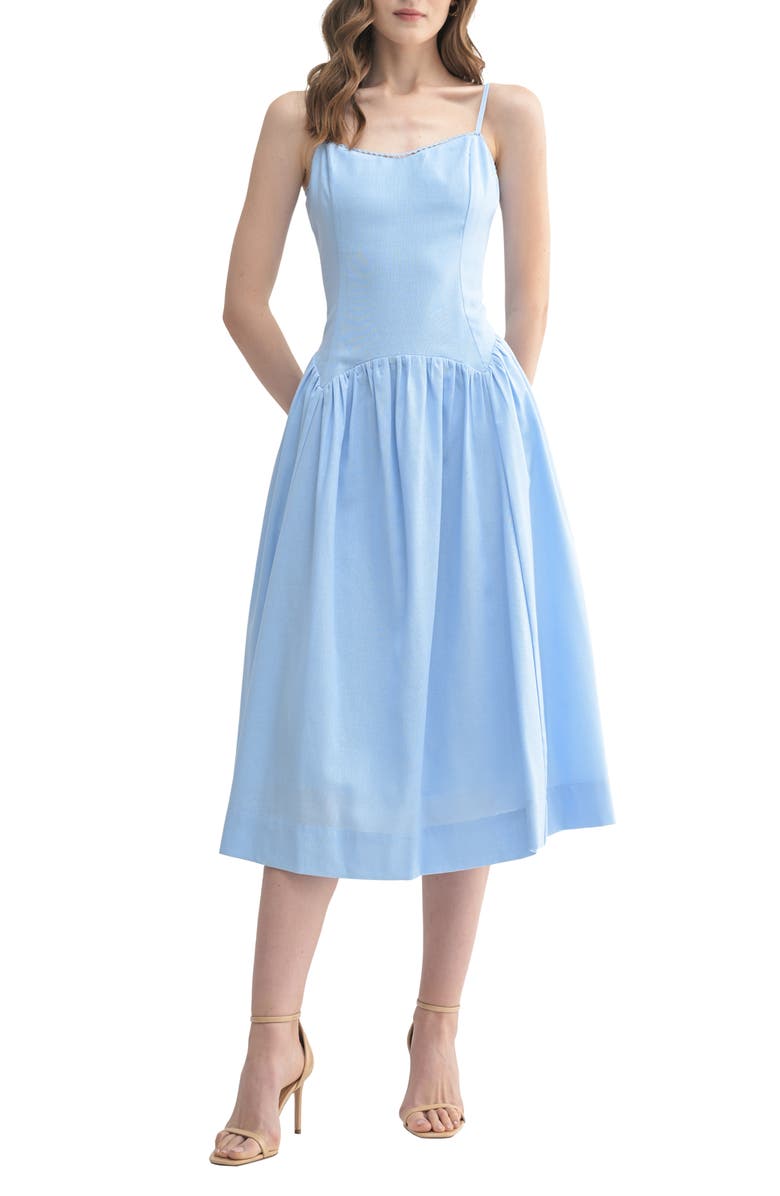 All in Favor Drop Waist Cotton & Linen Midi Dress, Main, color, Baby Blue