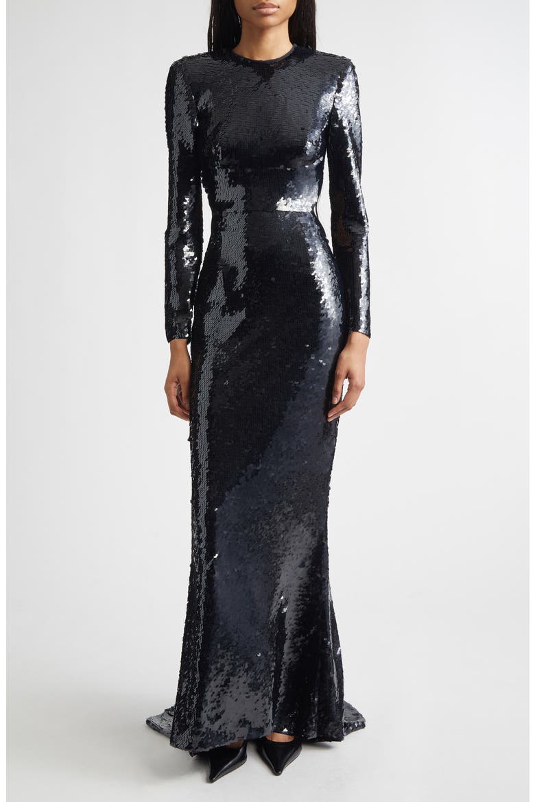 Long Sleeve Sequin Gown, Main, color, BLACK