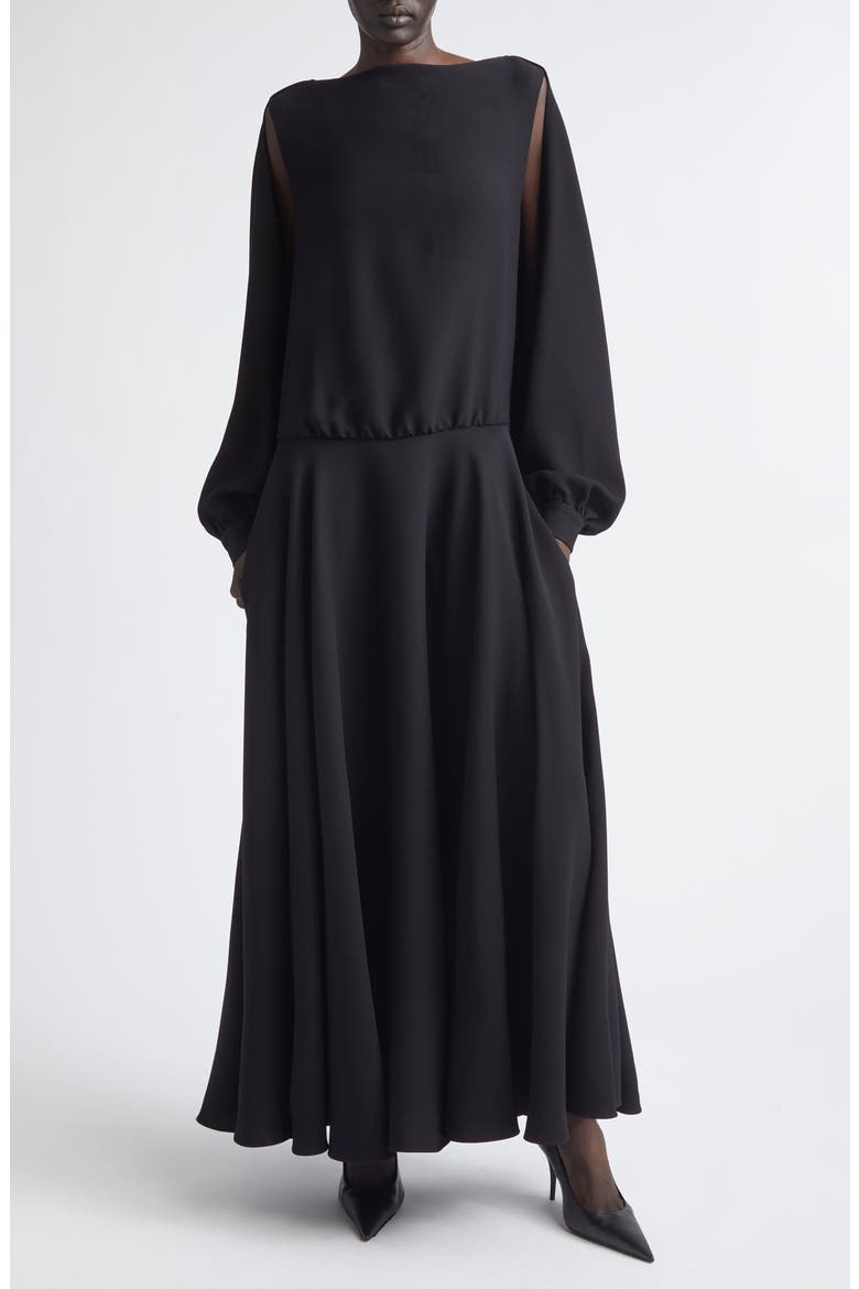 Long Sleeve Silk & Wool Crepe Balloon Dress, Main, color, 1000 BLACK