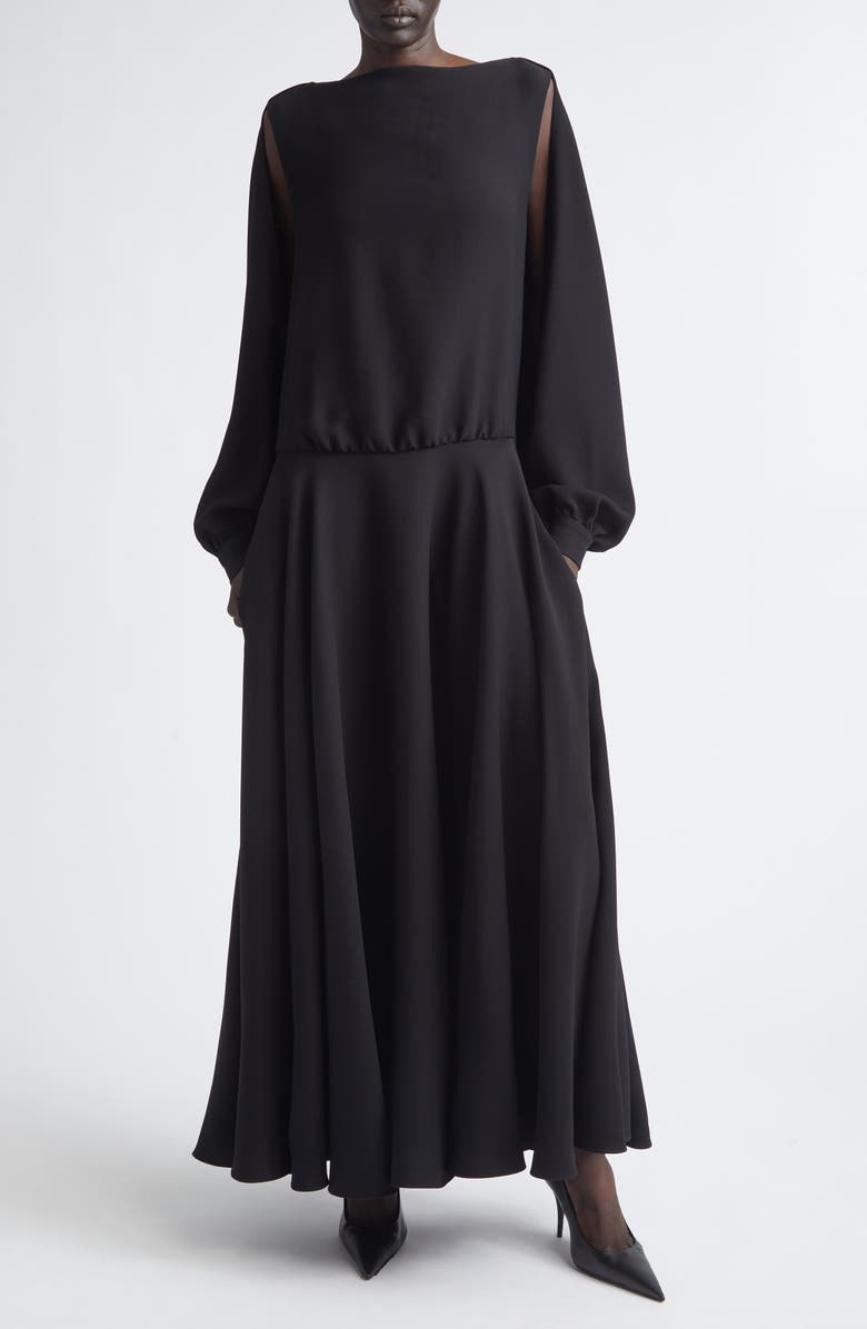 Balenciaga Long Sleeve Silk & Wool Crepe Balloon Dress, Main, color, 1000 Black