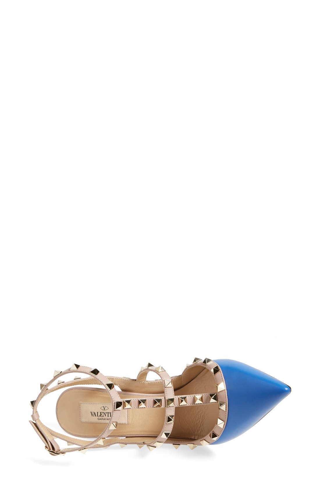 Rockstud Pointed Toe T-Strap Pump, Alternate, color, LIGHT SAPPHIRE LEATHER