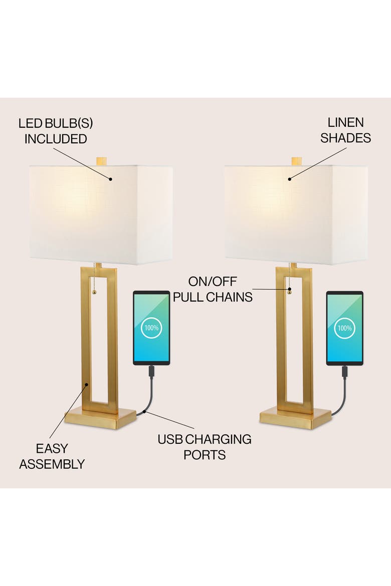 Sabrina Vintage Industrial Iron LED Table Lamp with Pull-Chain and USB Charging Port, Alternate, color, Brass Gold