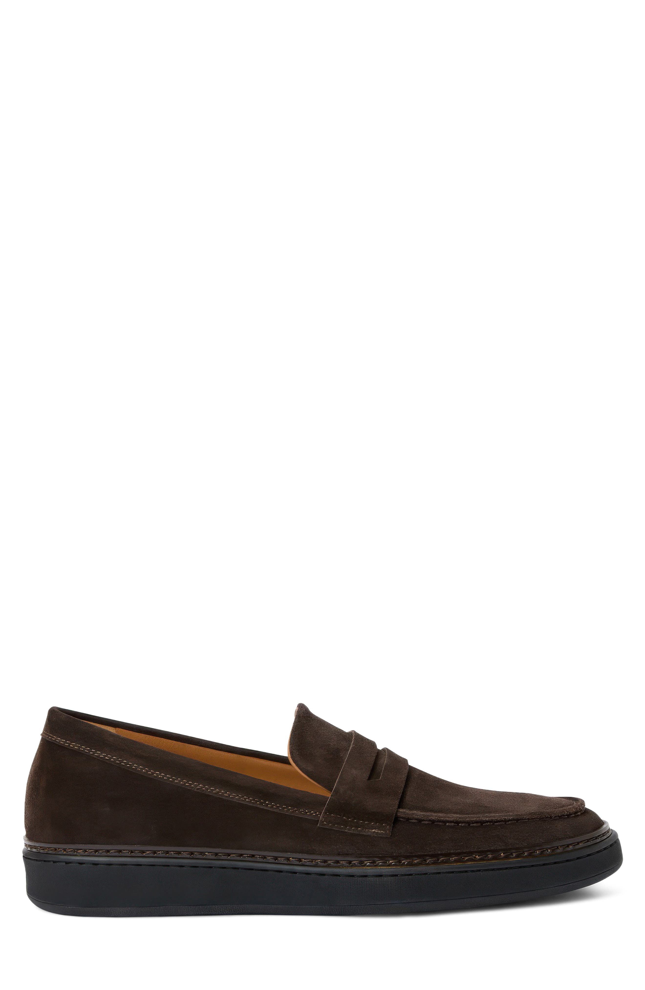 Bucarest Water Repellent Penny Loafer, Alternate, color, DARK BROWN SUEDE