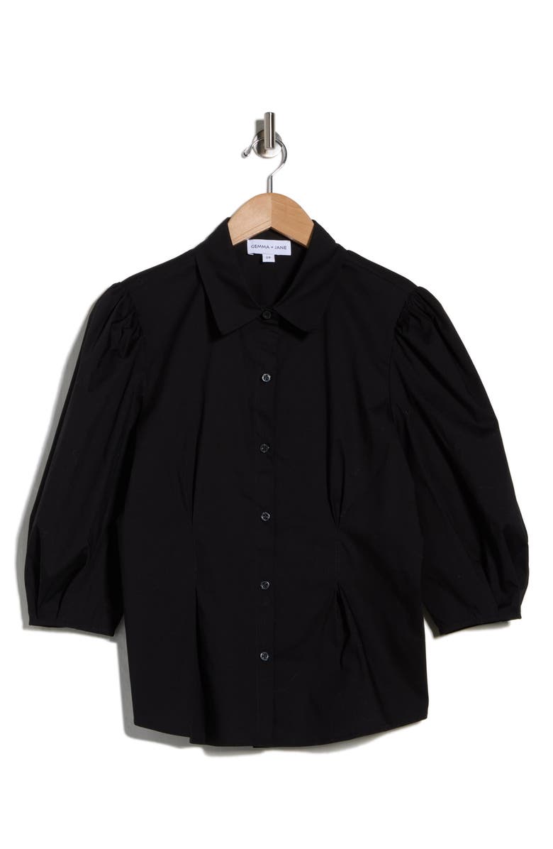 Gemma + Jane Three-Quarter Sleeve Pleated Waist Button-Up Shirt, Alternate, color, 