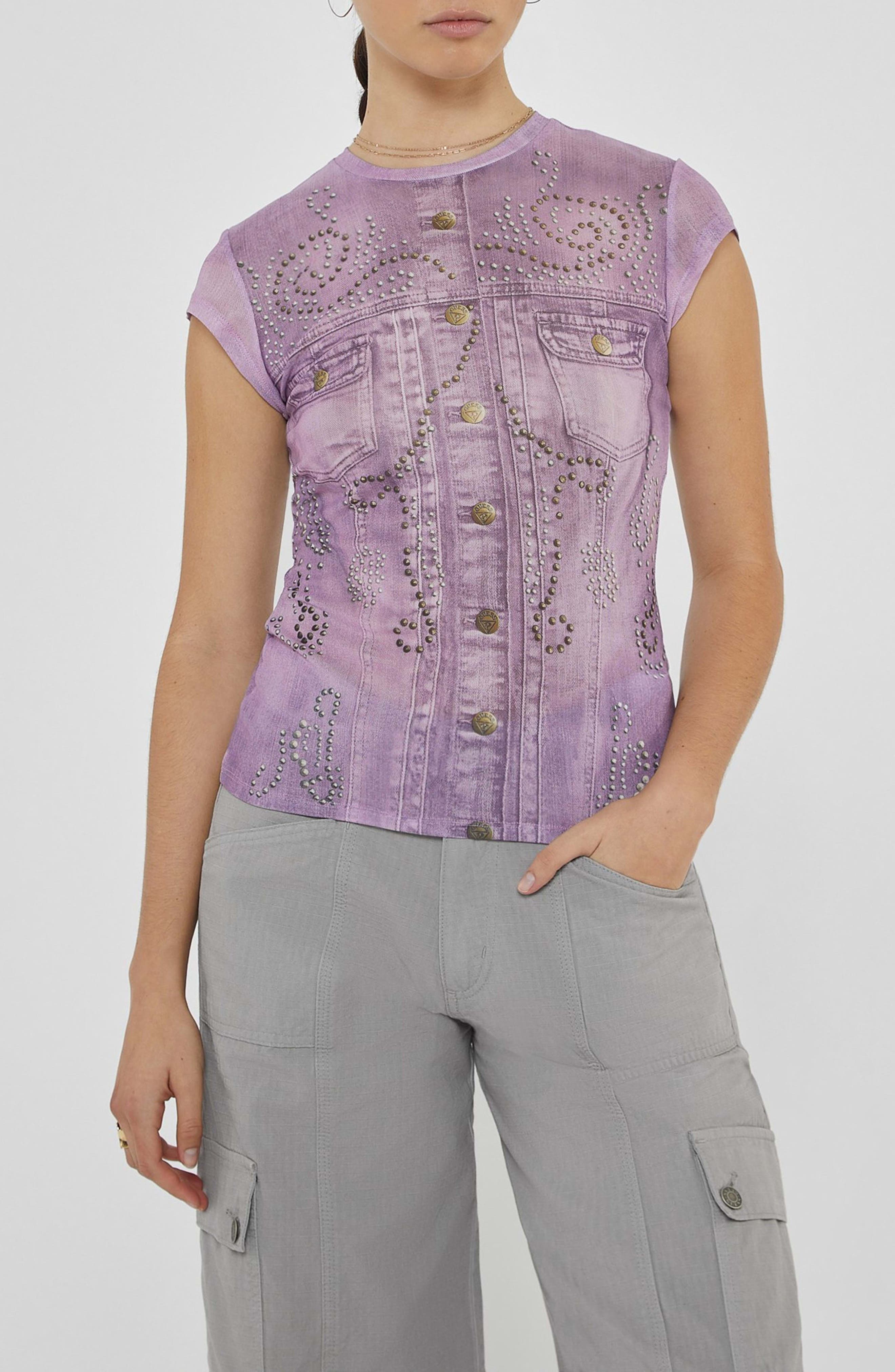 Studded Denim Trompe l'Oeil Mesh Graphic T-Shirt