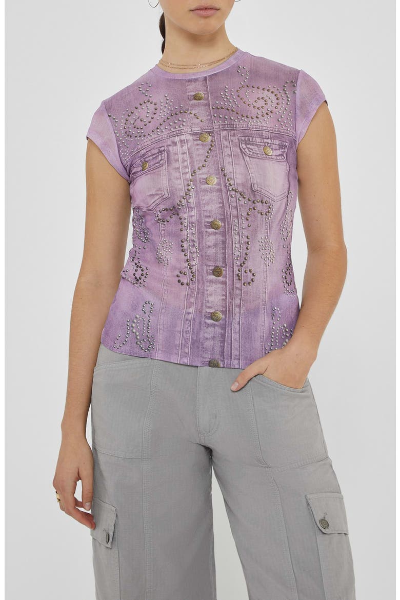 Studded Denim Trompe l'Oeil Mesh Graphic T-Shirt, Main, color, LUX ORCHID MULTI