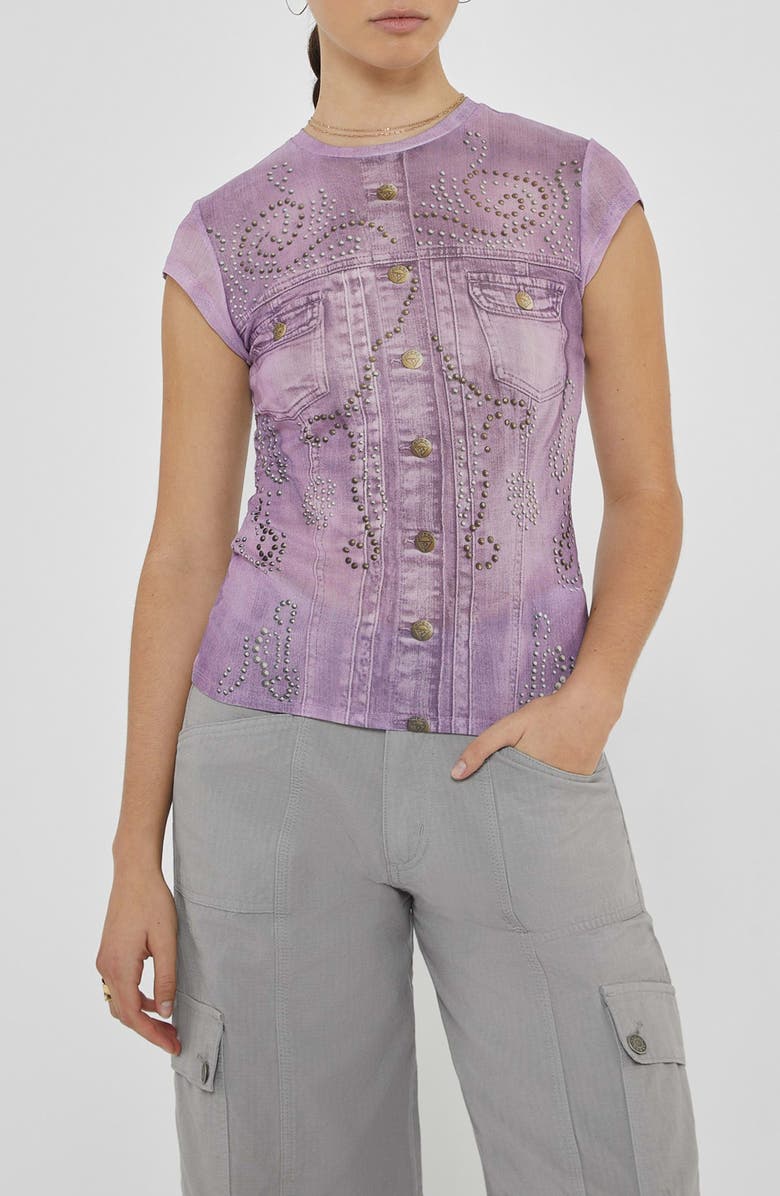 GUESS Studded Denim Trompe l'Oeil Mesh Graphic T-Shirt, Main, color, Lux Orchid Multi