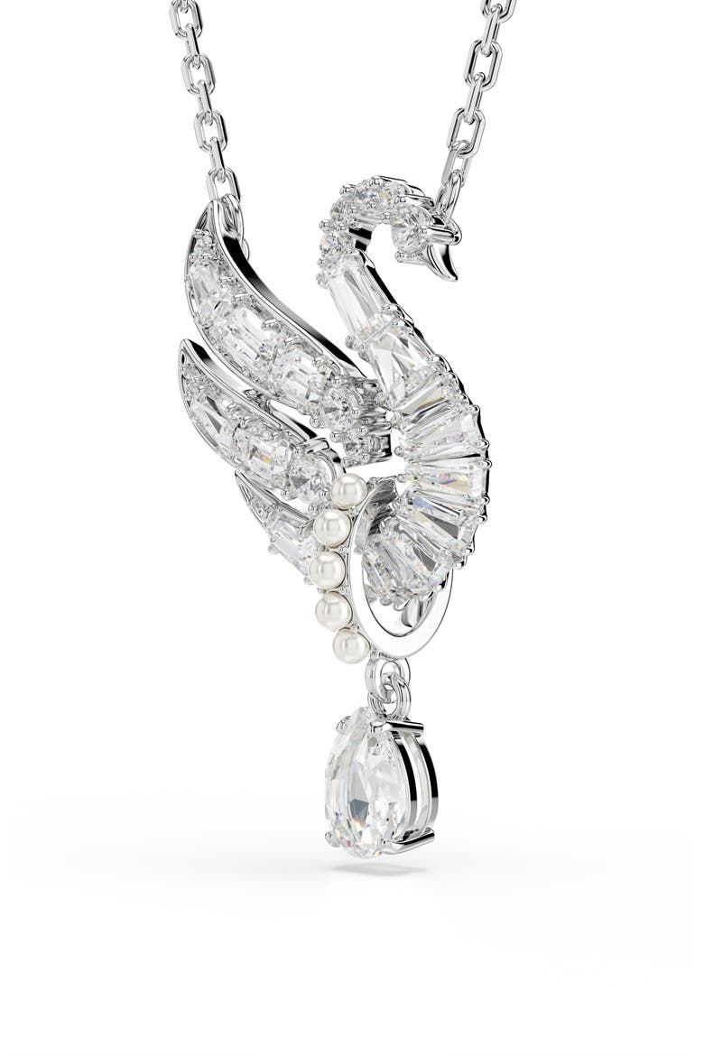 Swan Crystal & Faux Pearl Pendant Necklace, Alternate, color, WHITE/ SILVER