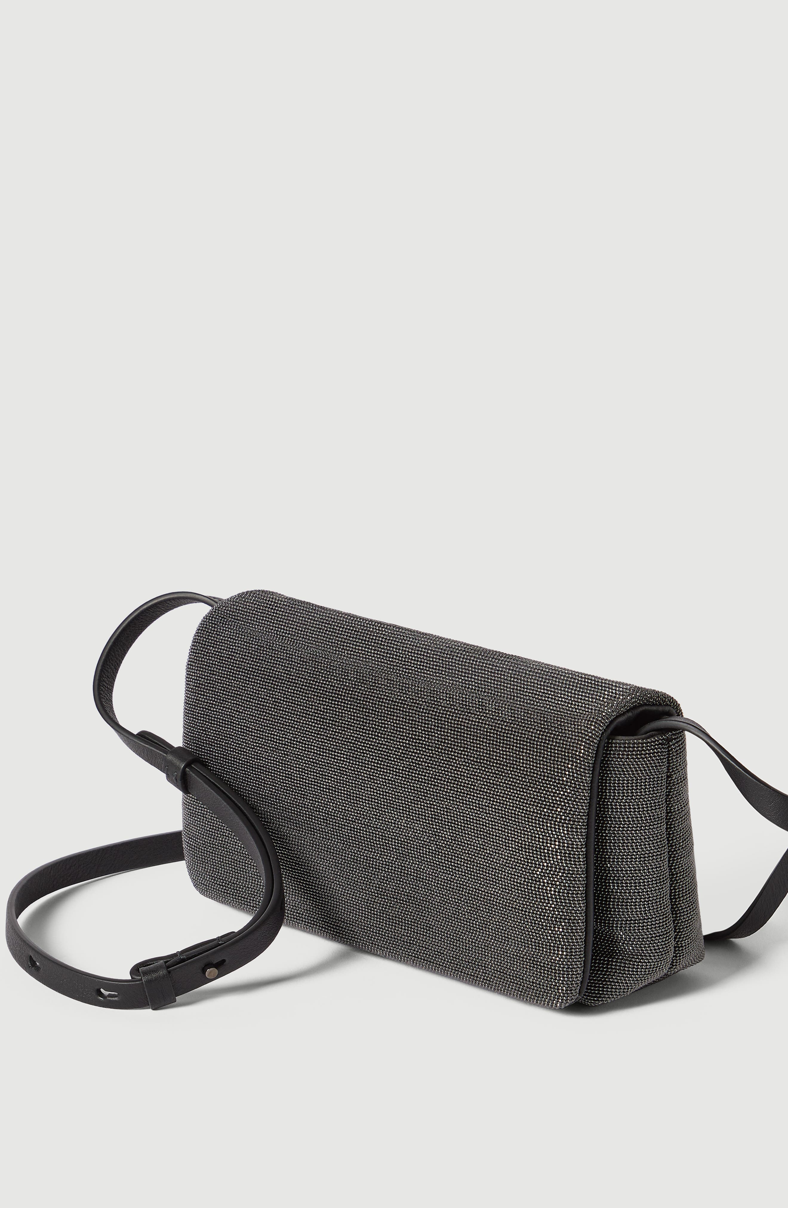 Brunello Cucinelli Precious flap bag in grained leather, Alternate, color, Black