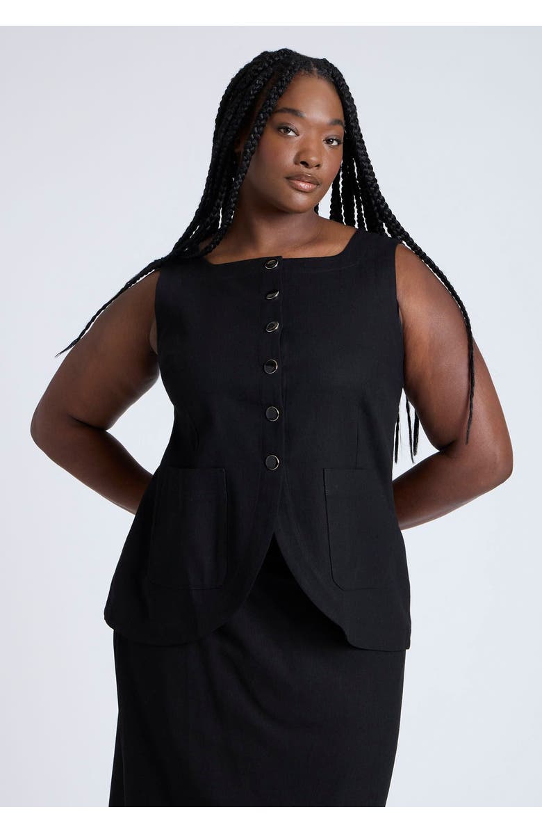 ELOQUII Square Neck Scoop Hem Linen Blend Vest, Alternate, color, Black Onyx