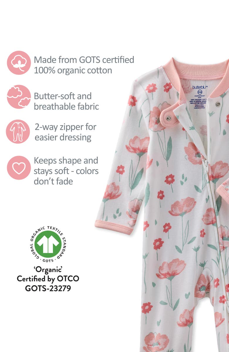 BUTTERBLU Cruz One-Piece Organic Cotton Footie Pajamas, Alternate, color, Floral Fields