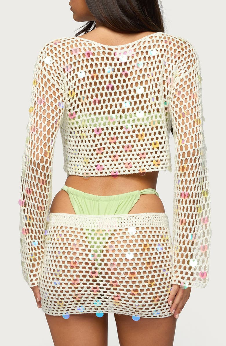 EDIKTED Kirah Open Stitch Paillette Cover-Up Crop Top, Alternate, color,