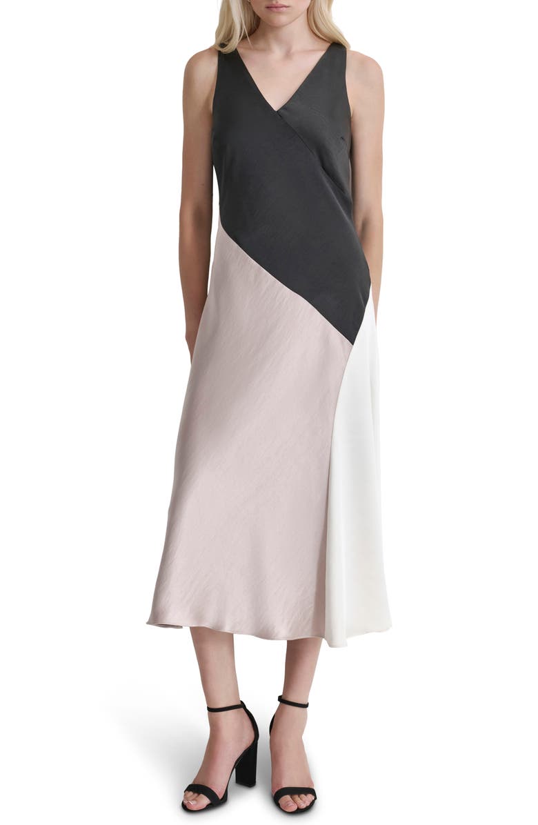 DKNY Colorblock Sleeveless Satin Midi Dress, Main, color,