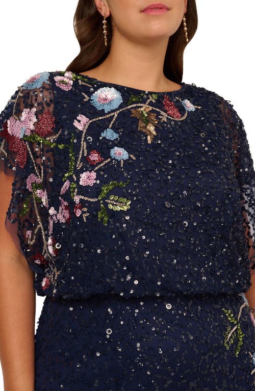 Adrianna Papell Floral Embroidery & Sequin Mesh Mermaid Gown In Blue