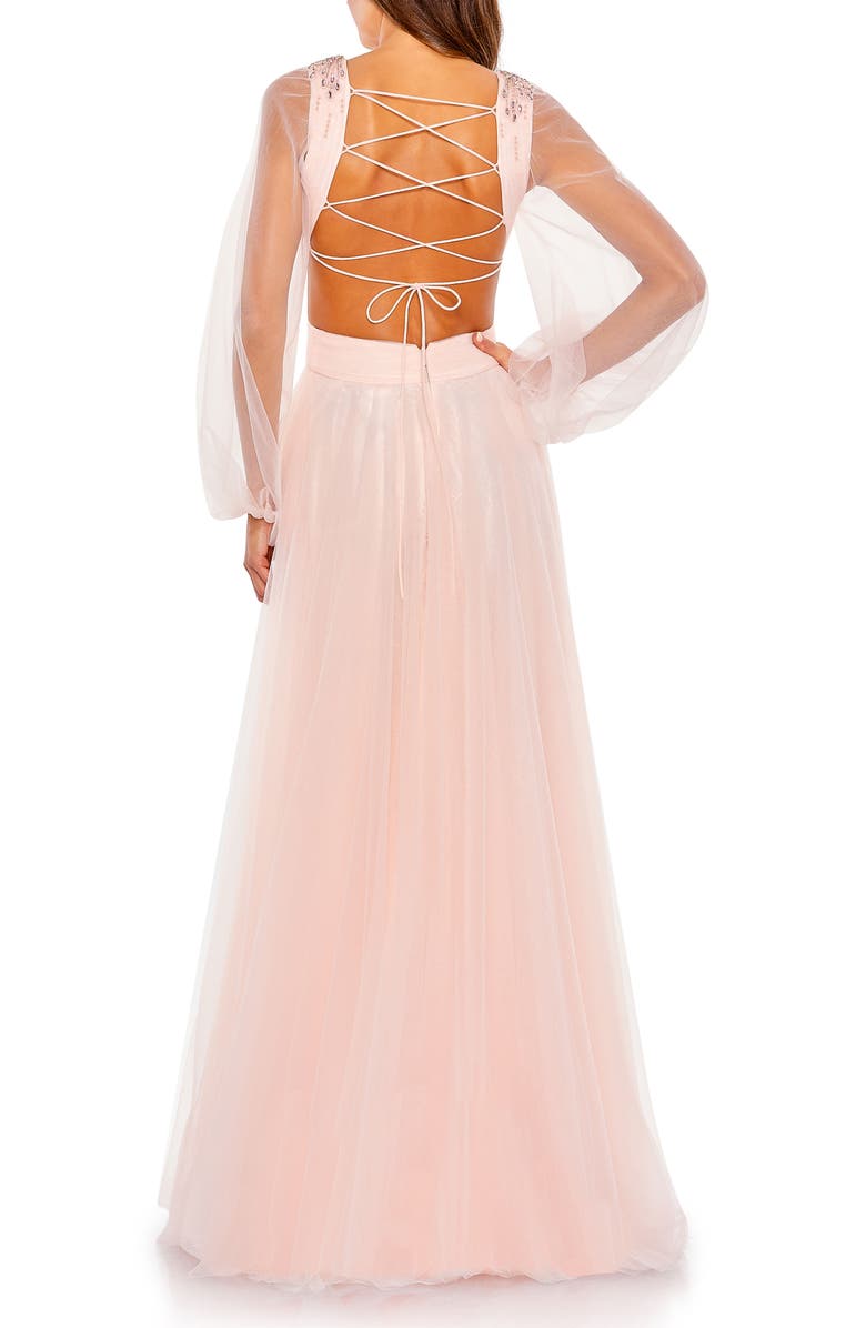 Mac Duggal Tulle & Lace A-Line Gown with Jeweled Shoulders, Balloon Sleeves & Lace-Up Back, Alternate, color, Blush