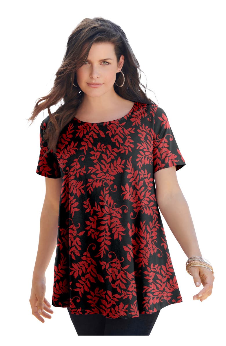 Roaman's Plus Size Ultimate Cotton Crewneck Short Sleeve Swing Tee, Main, color, Black Red Leaves