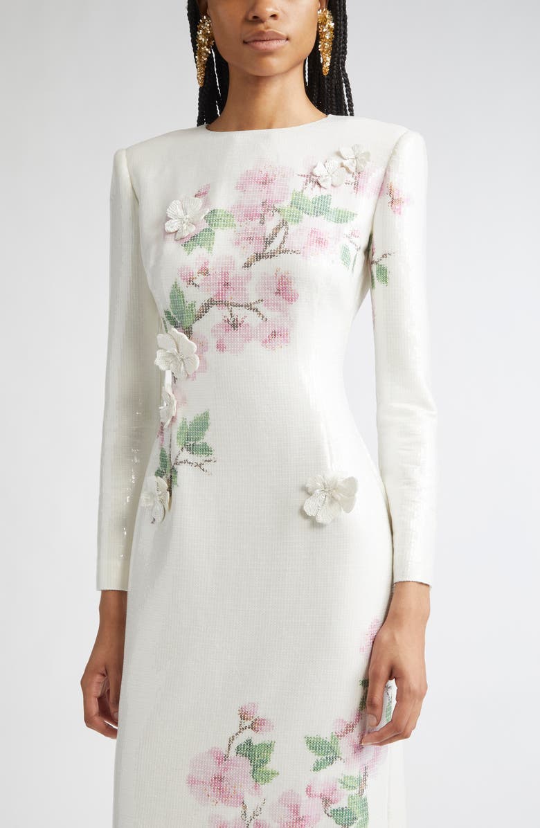 Oscar de la Renta Cherry Blossom Long Sleeve Sequin Jersey Column Gown, Alternate, color, Pink/ Ivory