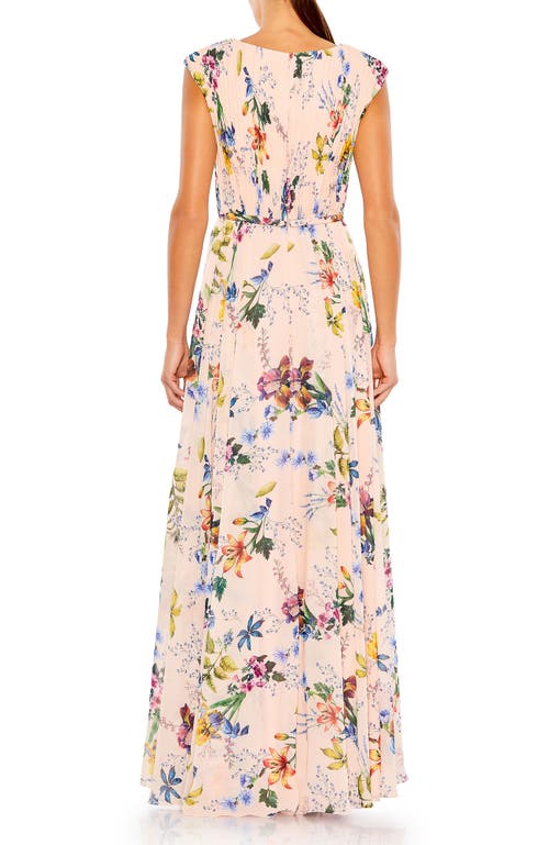 Mac Duggal Pleated Floral Cap Sleeve A Line Gown In Pink Multi