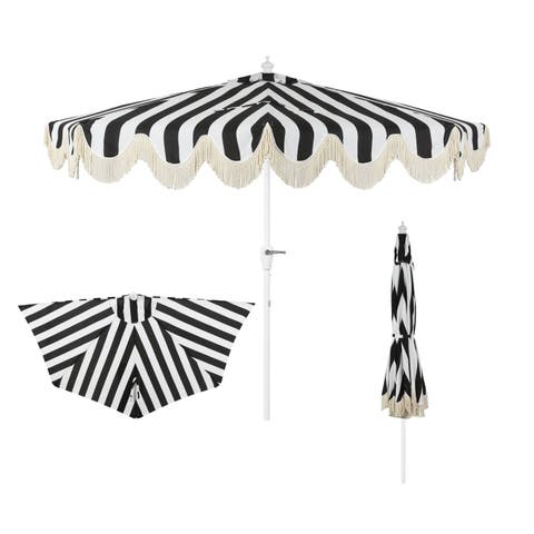 Beverly 9 ft. Designer Classic Scalloped Fringe Half Market Patio Umbrella with Crank, Push Button Tilt and UV Protection