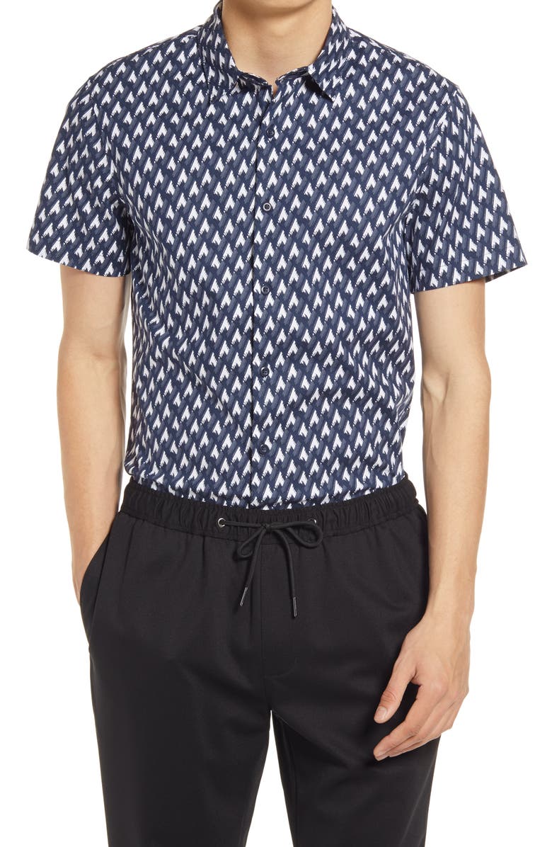 Open Edit Short Sleeve Stretch Button-Up Shirt, Main, color, 