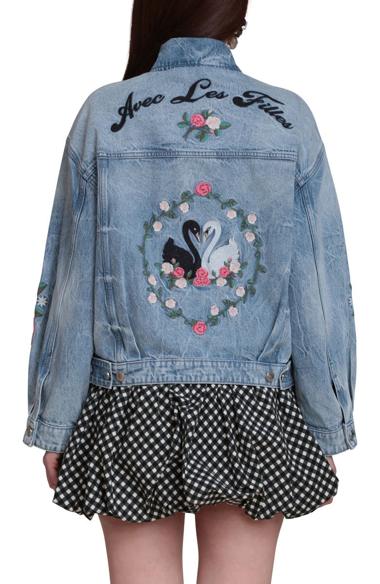 Avec Les Filles Embroidered Denim Trucker Jacket, Alternate, color, 
