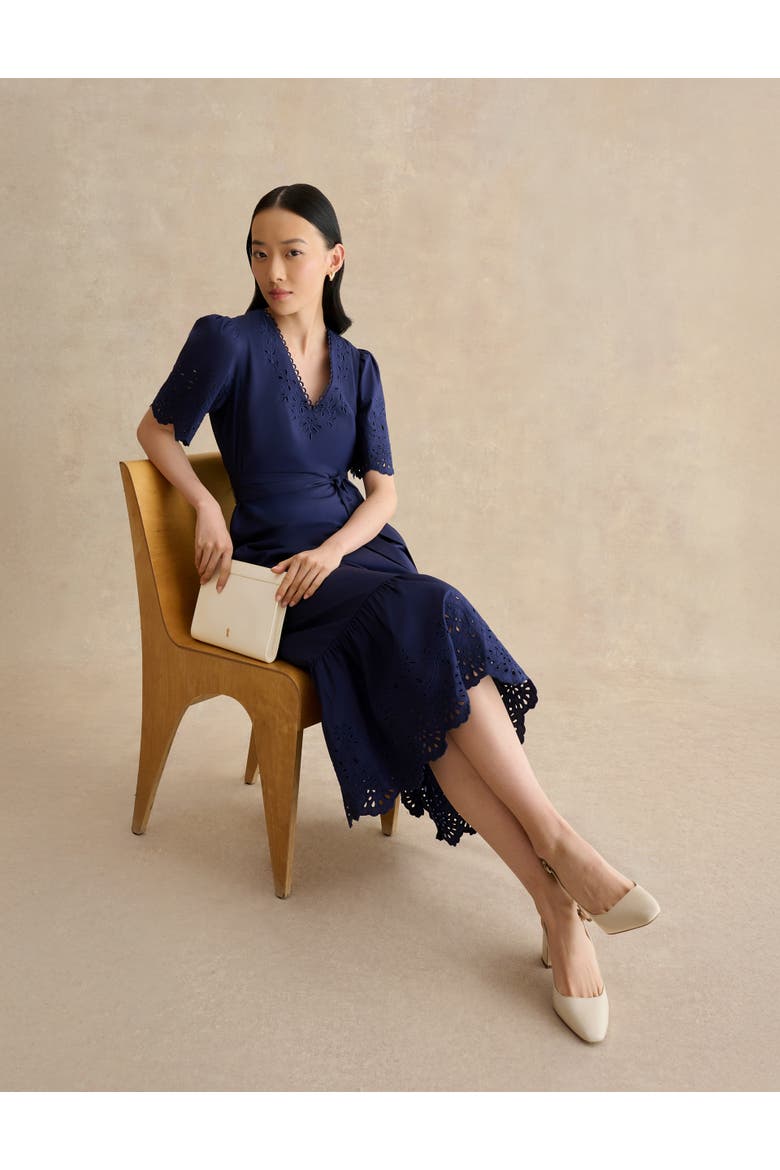 Meghan Broderie Cutwork Midi Dress, Alternate, color, Truenavy