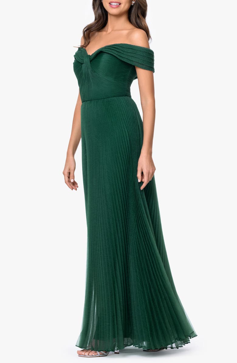 Xscape Evenings Off the Shoulder Pleated Organza Gown, Alternate, color, Hunter
