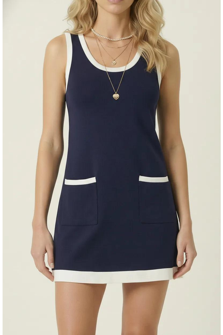 Sleeveless Knit Mini Dress with Contrast Trim and Front Pockets, Main, color, Navy Blue