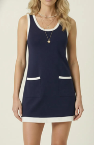 Modenaire Sleeveless Knit Mini Dress with Contrast Trim and Front Pockets
