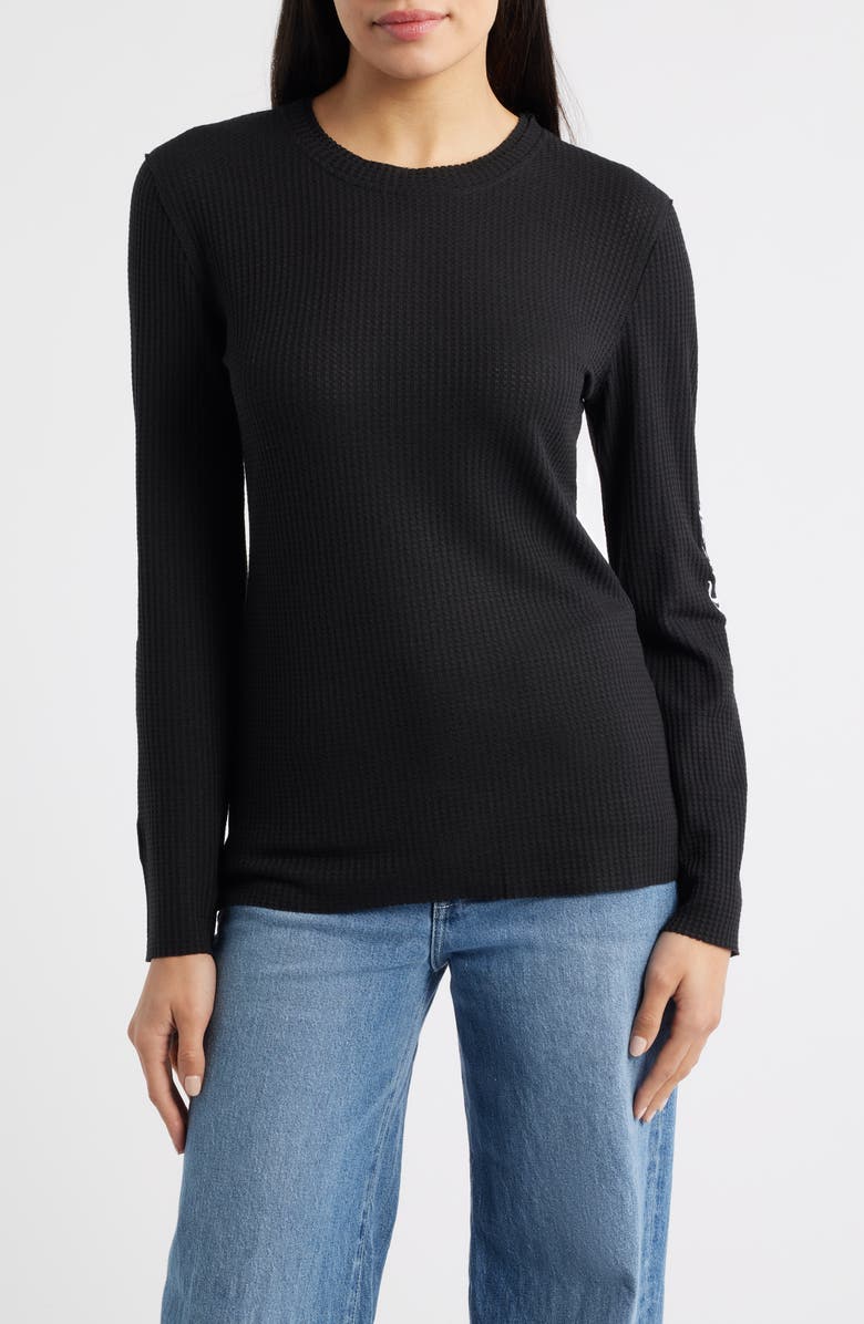 NIKKI LUND Fleur Embroidered Thermal Knit Top, Main, color, Black