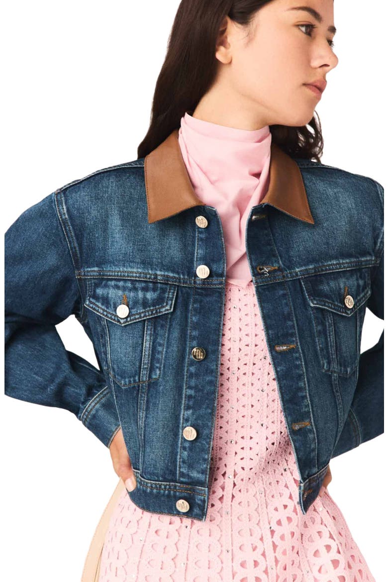 Denim jacket with leather collar, Alternate, color, Blue