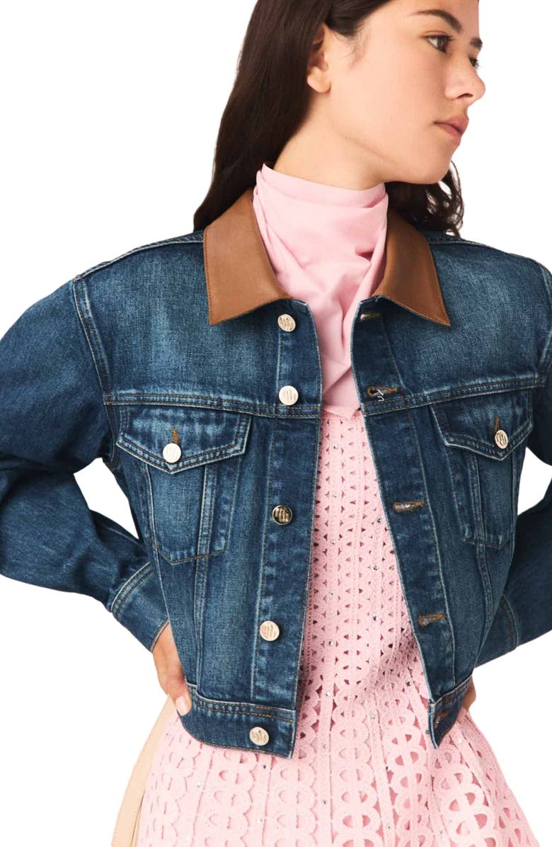 maje Denim jacket with leather collar, Alternate, color, Blue
