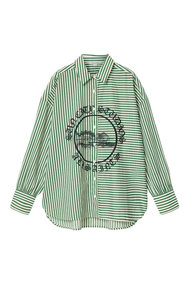 Adrianne Stripe Graphic Print Ramie Button-Up Shirt, Alternate, color, APPLE GREEN/ WHITE