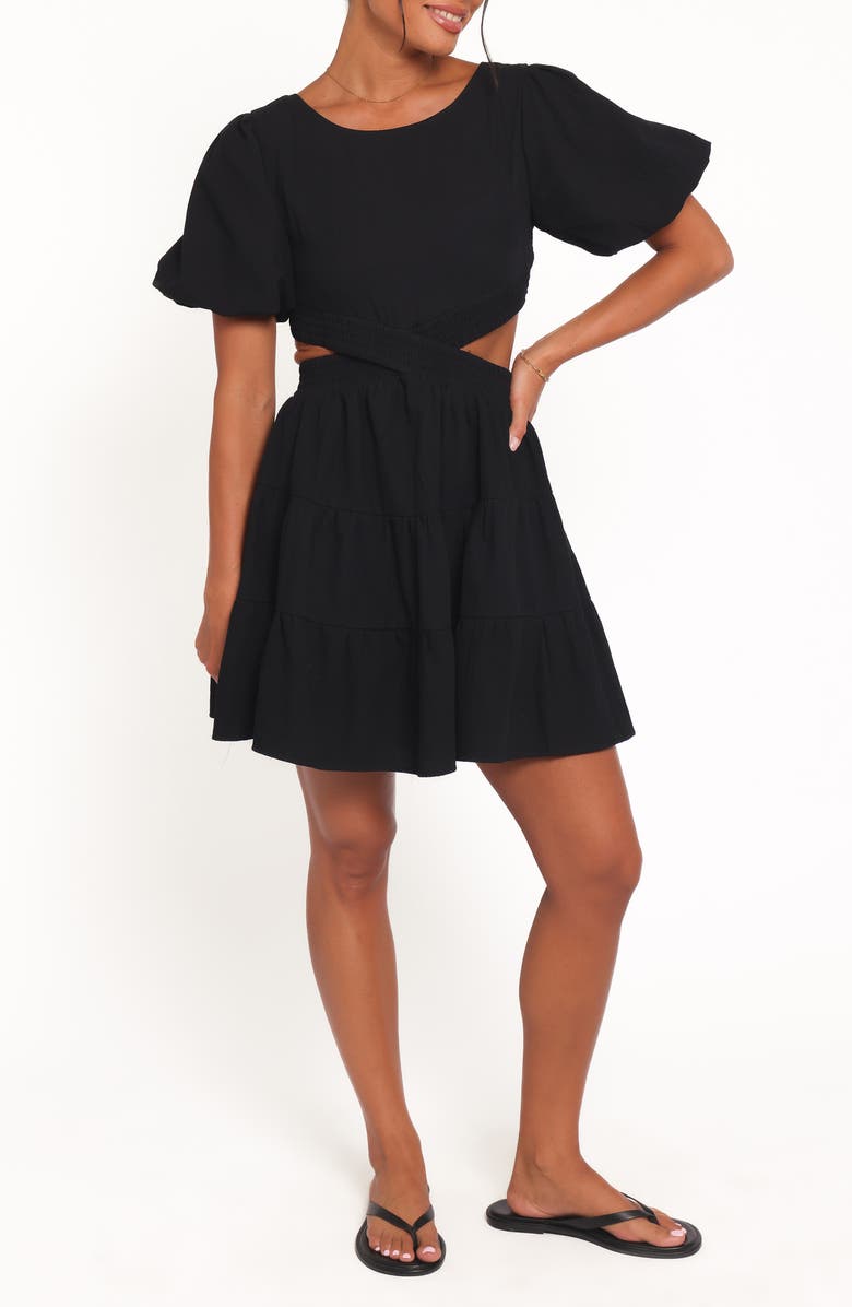 Petal & Pup Doris Puff Sleeve Cotton Minidress, Main, color, Black