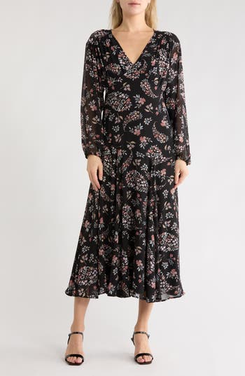 Lovestitch Floral Long Sleeve Midi Dress In Black