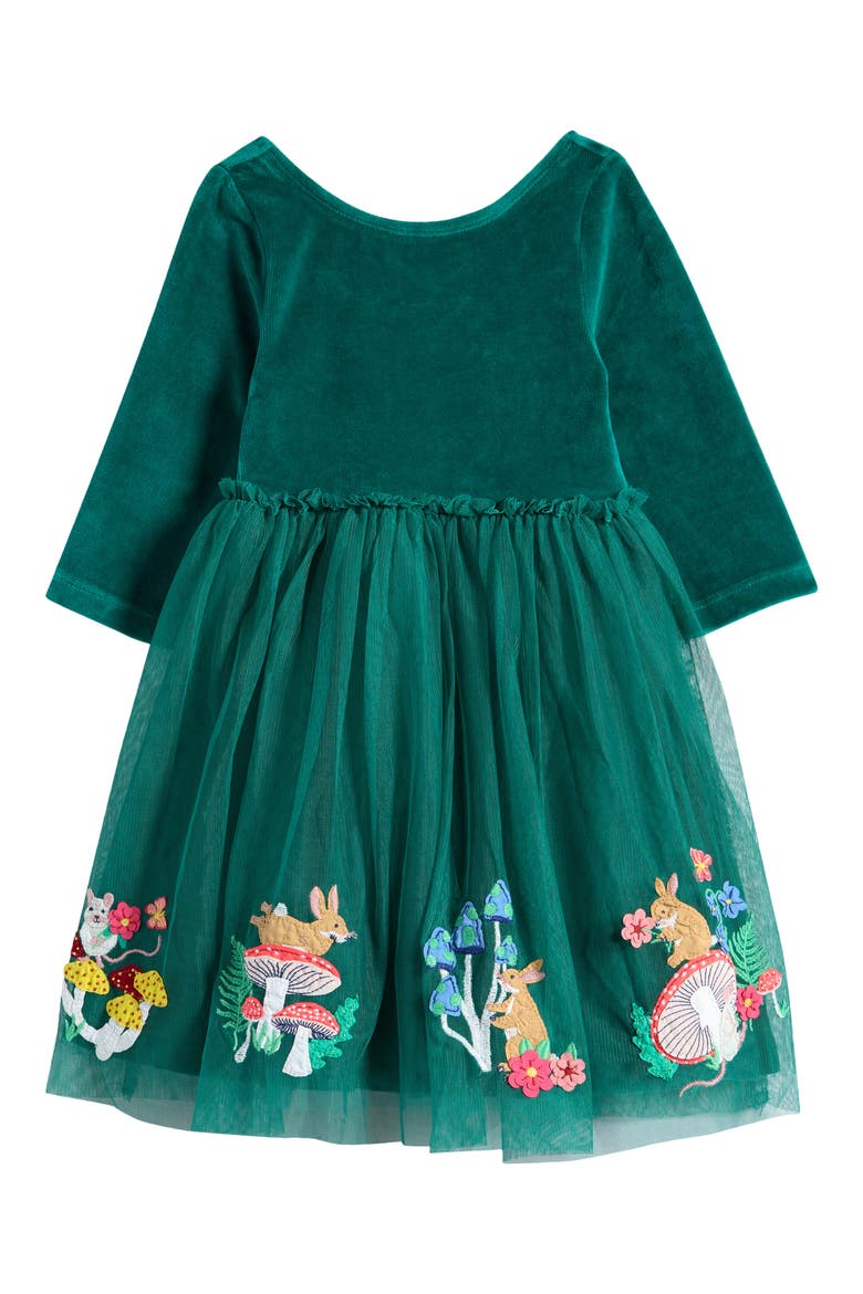 Kids' Appliqué Long Sleeve Velvet & Tulle Dress, Main, color, ALPINE GREEN WOODLAND ANIMALS