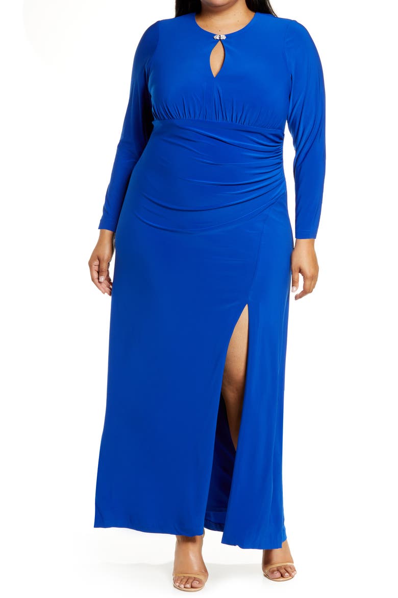 Rhinestone Detail Keyhole Neck Long Sleeve Gown, Main, color, ROYAL