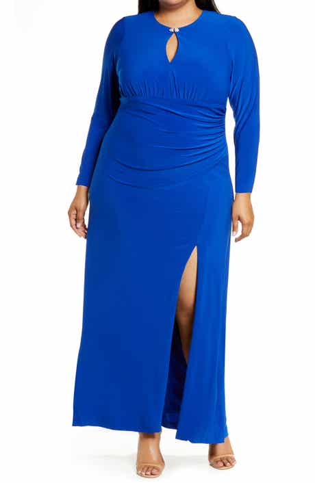 Vince Camuto Rhinestone Detail Keyhole Neck Long Sleeve Gown