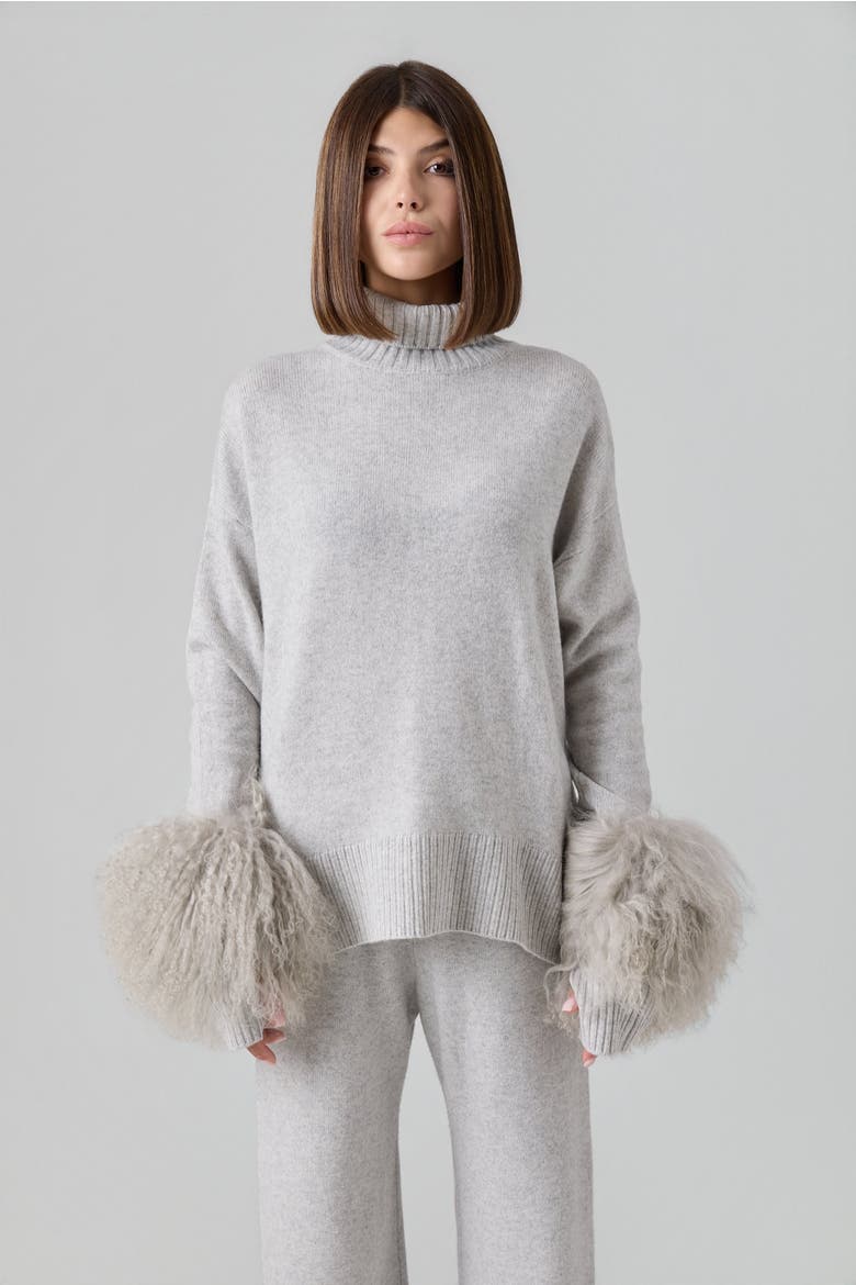 Mongolian Shearling Cuffs Cashmere Sweater, Alternate, color, Gray