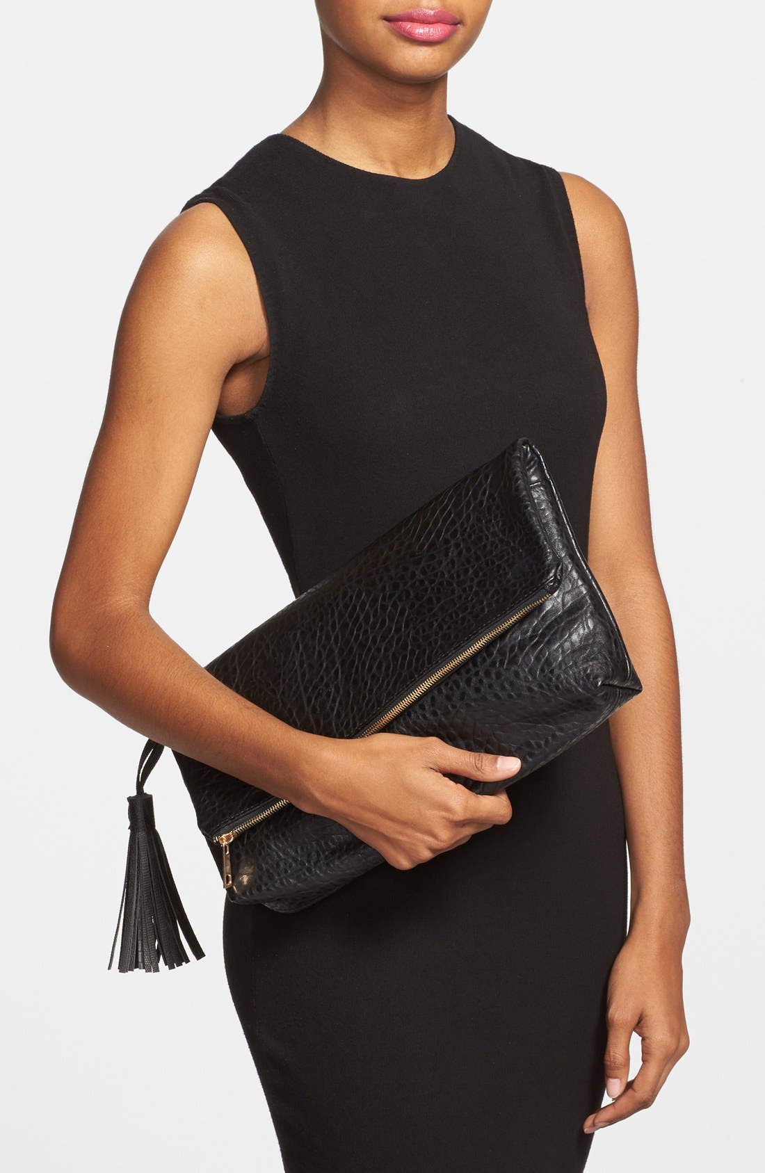 'Merino' Faux Leather Foldover Clutch, Alternate, color, BLACK