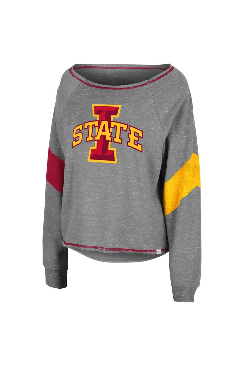 Women's Colosseum Heather Gray Iowa State Cyclones Amped Chevron Stripe Raglan Boat Neck Pullover Sweatshirt, Alternate, color, Heather Gray
